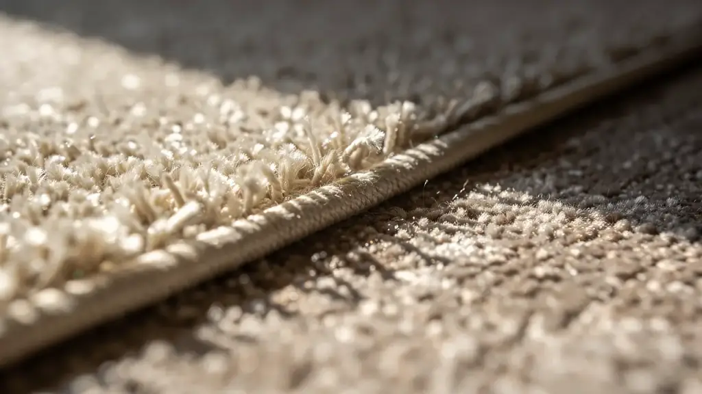 Cream carpet pile under low sun where a clean wand pass meets flattened nap