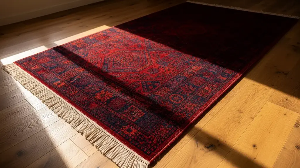 Red and indigo wool area rug laid flat on hardwood with the fringe combed straight