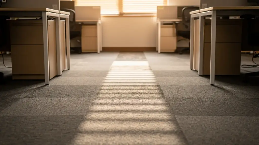 Office carpet tiles with a clean lane cut through the traffic path between desks
