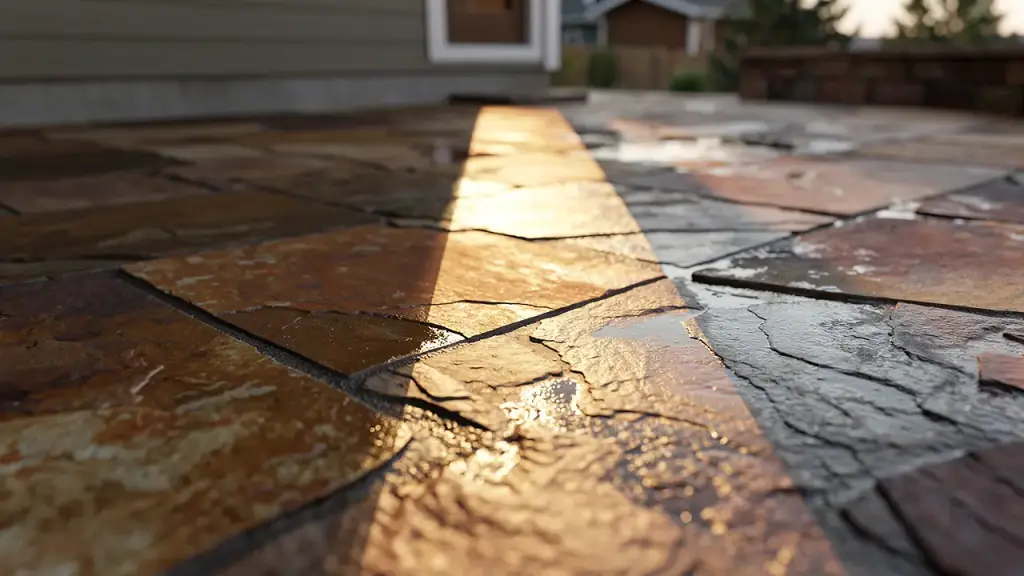 Wet sandstone patio with one freshly cleaned strip brighter than the weathered stone