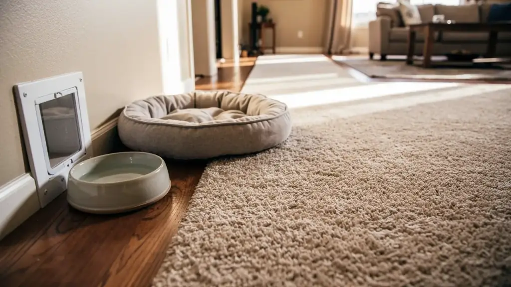 Living room carpet beside a pet door with the pet bed and water bowl set aside