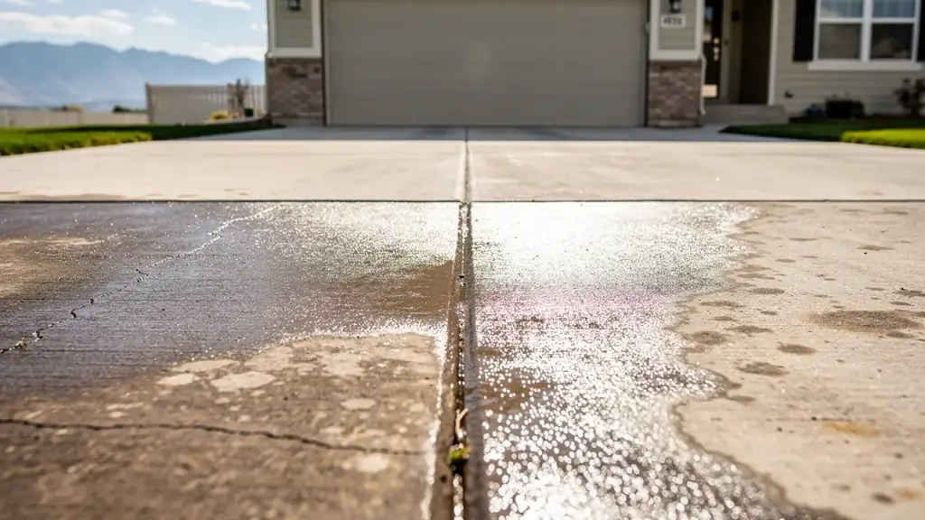 Concrete driveway with one bright pressure-washed lane beside weathered concrete