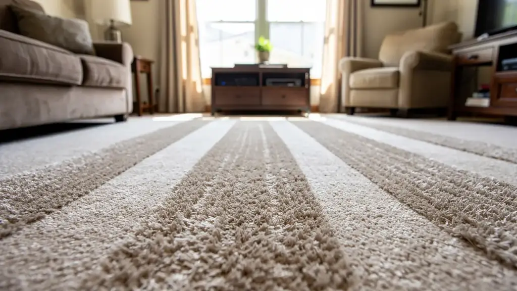 Family room carpet after hot water extraction, wand lanes running toward a sunlit window