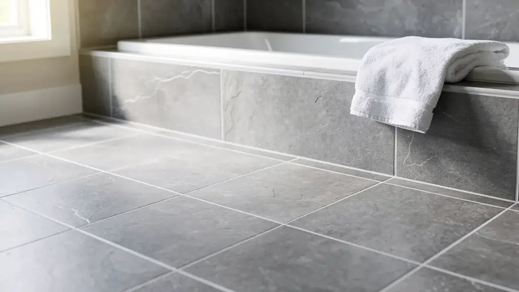 Grey porcelain bathroom tile with crisp white grout lines