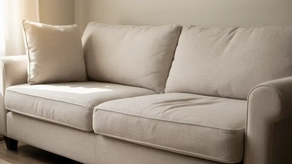 Linen three-seat sofa with evenly toned cushions after cleaning