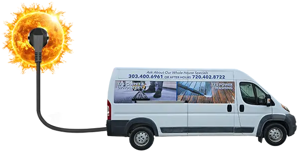 TJ’s Carpet & Upholstery van, its wrap showing both phone numbers, plugged into the sun by a power cord